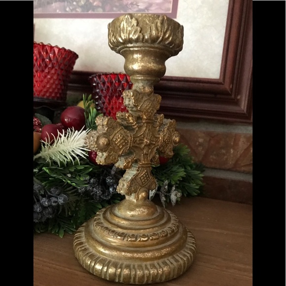 Rare Vintage 1970’s Heavy Gold Sculpture Cross Candle Holder - Picture 2 of 6